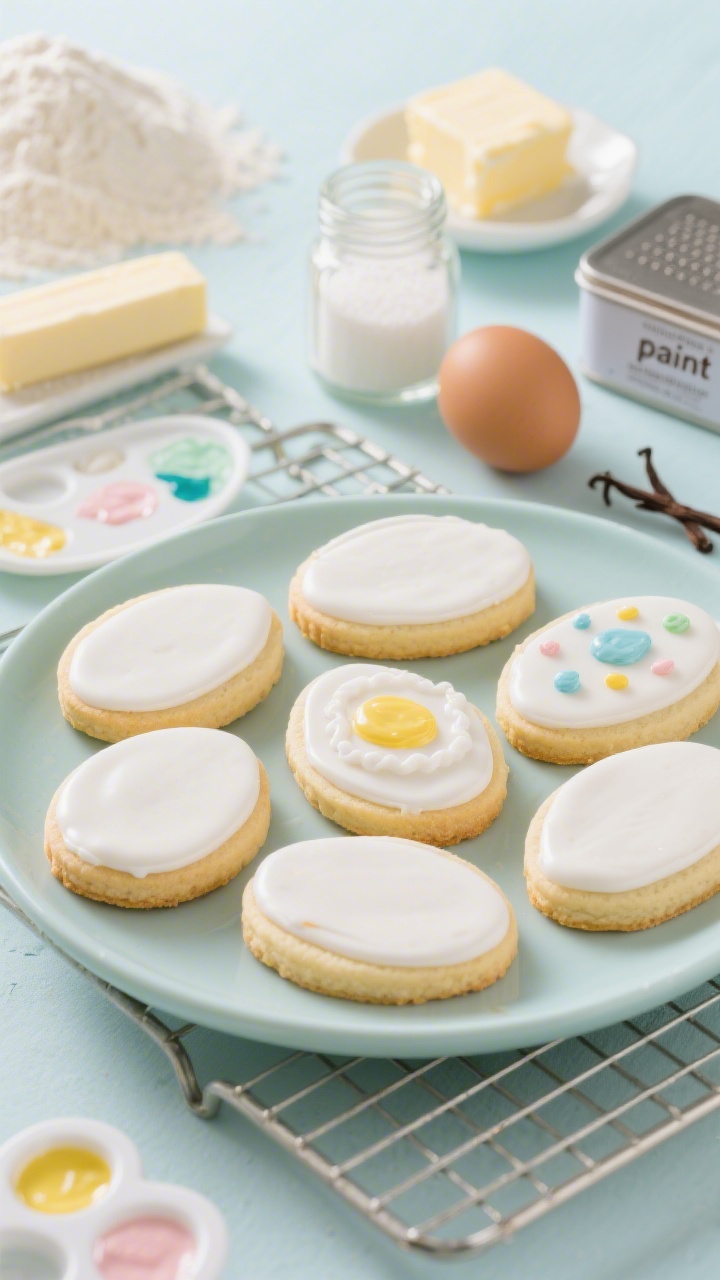 A 45-degree angle hero shot of Easter Egg Sugar Cookies ready to “paint”: perfectly baked egg-shaped sugar cookies with a pale golden edge, a smooth white icing base, and small paint palettes made from diluted gel colors; ingredients subtly included in background—flour, a stick of softened unsalted butter, a jar of granulated sugar, vanilla extract, a single egg, and a tin of baking powder; cookies arranged on a cooling rack and a pastel plate, bright daylight emphasizing crisp edges and glossy icing.