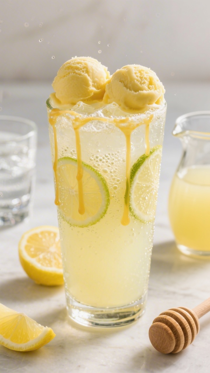 A 45-degree angle shot of a Chick-A-Dee Lemon Fizz honey lemonade float: a tall chilled glass layered with pale yellow lemonade and sparkling lemon-lime soda, crowned with two scoops of lemon sorbet gently fizzing at the edges. Visible honey drizzle lines inside the glass, lemon wheels and a honey dipper on the side, a small jug of freshly squeezed lemon juice and cold water in the background. Sparkly, refreshing mood with tiny bubbles captured.