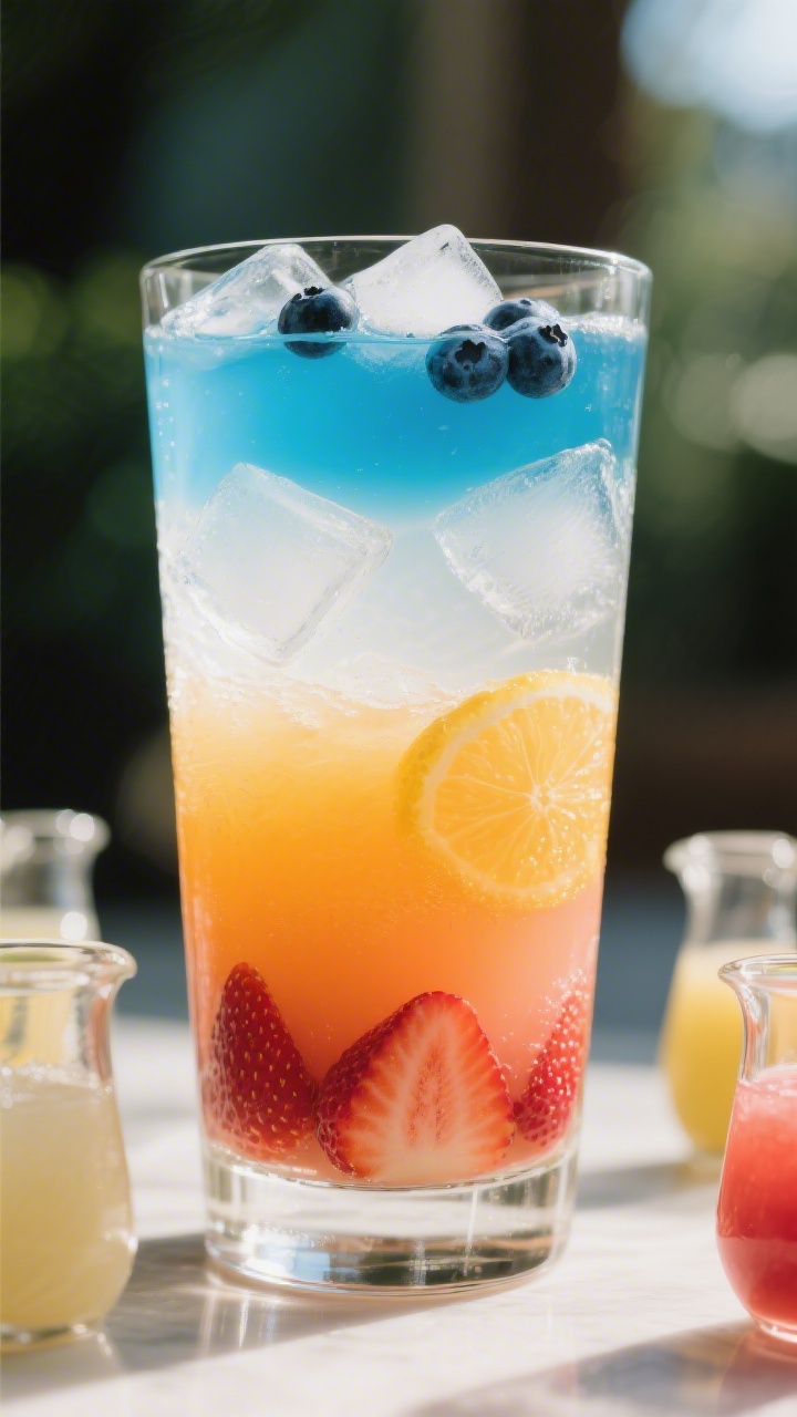 A 45-degree angle shot of Garden Party Layered Rainbow Spritz in a tall clear glass, showcasing clean, distinct layers: dense orange juice at the bottom, strawberry lemonade in the middle, then a paler layer lightened with coconut water, finishing with a top band of blueberry/blue sports drink. Careful meniscus lines, ice cubes strategically placed, with small carafes of each component around the glass to imply density control. Vivid yet elegant, bright natural light, no people.