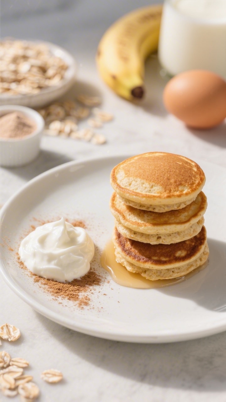 A 45-degree angle shot of Mini Protein Pancake Stacks on a white plate: small golden-brown oat-banana pancakes stacked three-high with a dollop of Greek yogurt dip on the side, lightly dusted with cinnamon. Include visible ingredients in the background slightly out of focus—rolled oats, a ripe banana, eggs, milk, and a small scoop of vanilla protein powder—plus a tiny drizzle of maple syrup pooling. Warm morning light, shallow depth of field to emphasize fluffy texture and crisp edges.