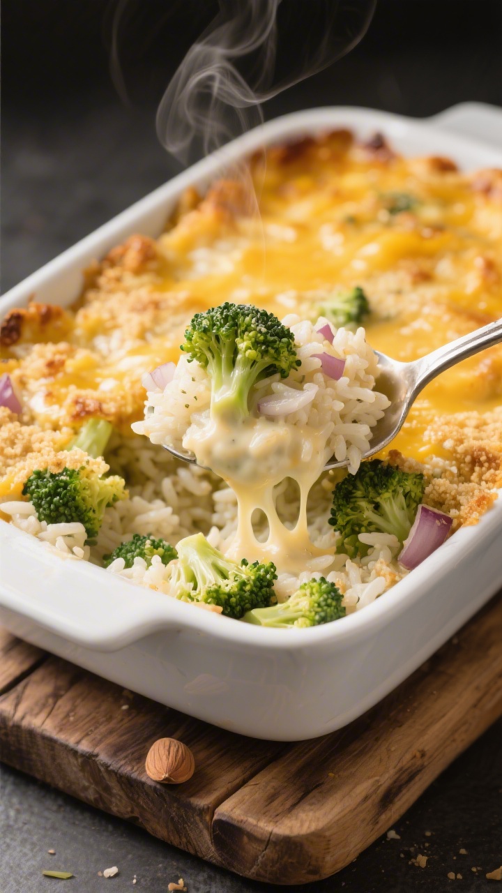 A 45-degree casserole beauty shot of dairy-free “cheesy” broccoli rice bake: a golden-topped rice and broccoli bake made with unsweetened almond/oat milk, finely chopped onion, and garlic, baked in a white ceramic dish. A serving spoon lifts a scoop to reveal creamy, stretchy-looking dairy-free sauce binding fluffy rice and tender, small broccoli florets. Light breadcrumbs and olive oil sheen on top, set on a rustic wooden board with steam visible.
