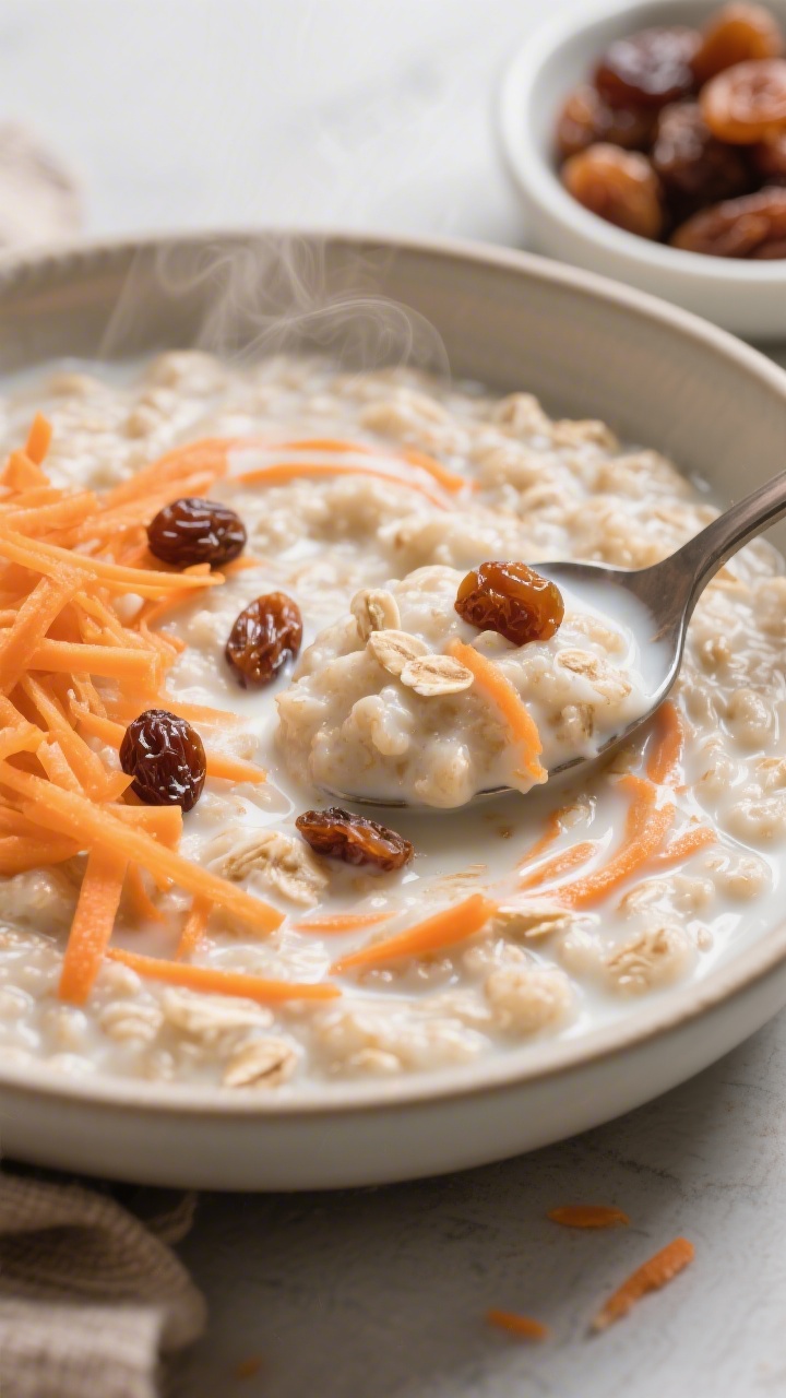 A 45-degree close-up of Creamy Carrot Cake Oatmeal in a shallow bowl: silky oats cooked in milk, swirled with very finely grated carrot for an orange-flecked creaminess, dotted with a few raisins, and finished with a pinch of warm spice. The spoon scoops through to show thick, comforting texture; style with grated carrot shreds and a small dish of raisins on the side; gentle steam and soft natural light to emphasize toddler-friendly creaminess.