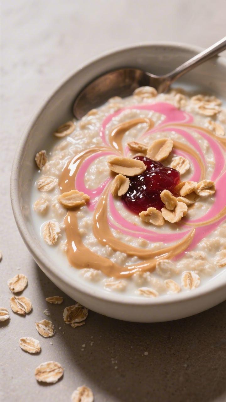 A 45-degree plated shot of Peanut Butter & Jelly Swirl Oats in a low, wide bowl: extra-creamy oats cooked in a blend of milk, swirled dramatically with natural peanut butter and ribbons of all-fruit jam, creating marbled pink and tan patterns. Garnish with a few crushed peanuts and a small dollop of jam in the center; silky, glossy finish with a spoon trail to show thickness; warm tones and kid-favorite comfort.