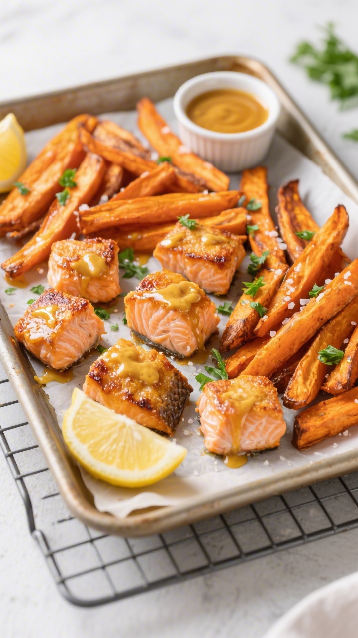 A 45-degree sheet-pan scene of honey mustard salmon nuggets with sweet potato fries: crispy, bite-size salmon coated in a sticky honey-mustard glaze, lightly charred edges, alongside evenly cut sweet potato fries roasted to caramelized orange perfection. Sprinkle of sea salt and chopped parsley, lemon wedges at the corners, a ramekin of extra honey-mustard dipping sauce; parchment-lined pan on a cooling rack for a clean, kid-enticing weeknight dinner look.