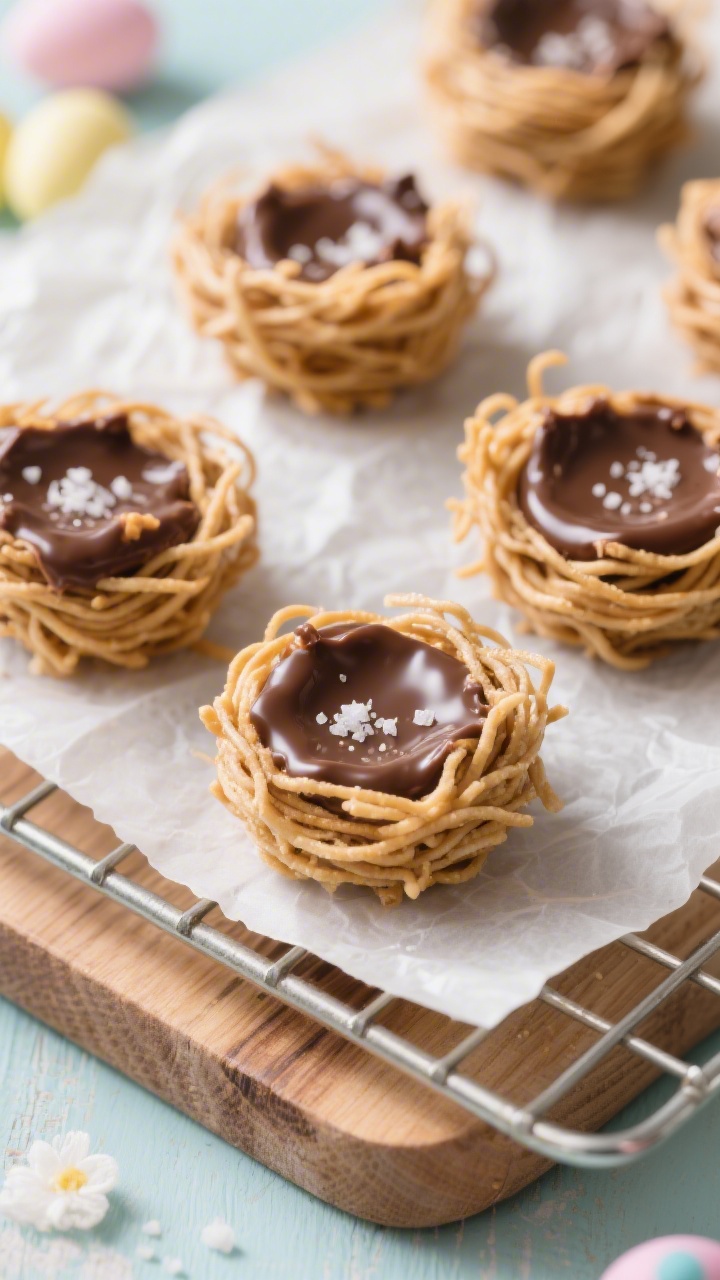 A close-up, 45-degree angle of No-Bake Mini Bird’s Nest Bites setting on parchment: glossy melted semisweet chocolate mixed with peanut butter and a hint of vanilla binding crispy chow mein noodles into rustic nest shapes; a pinch of salt sprinkled on top for contrast; nests arranged on a cooling rack over a wooden board, chocolate sheen emphasized, soft side light to accent ridges and crunch of the noodles, minimal pastel props for an Easter vibe.