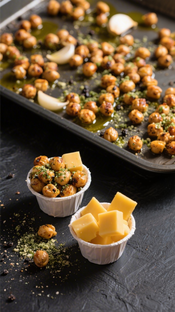 A close-up ingredient-to-finish transition on a dark sheet pan: roasted chickpeas tossed with olive oil, ranch seasoning, garlic powder, and black pepper, showing crunchy blistered skins and speckled seasoning. In the foreground, small snack cups filled with the crispy ranch chickpeas and neat yellow cheese cubes, with a pinch of extra ranch seasoning sprinkled nearby. Overhead composition, high contrast to highlight crunch and shine, clean modern snack presentation.