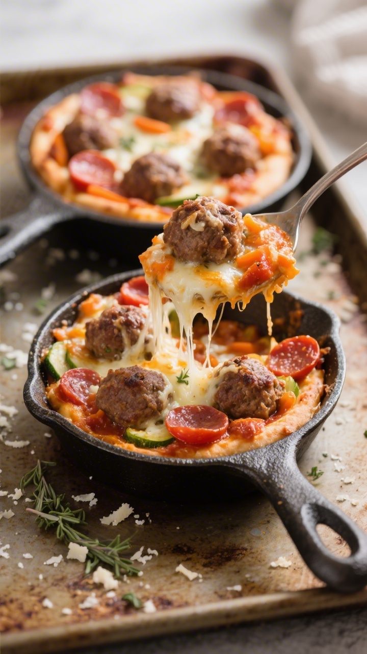 A close-up skillet shot of mini meatball pizza skillets: bite-size beef-and-turkey meatballs nestled in a bright hidden-veg marinara (puréed carrots, zucchini, and tomatoes), topped with bubbly mozzarella and mini pepperoni, edges caramelized. Capture cheese pull with a small spoon lifting a portion; cast-iron mini skillets on a rustic baking sheet, specks of oregano and grated Parmesan snow, rich reds and golden browns for an irresistible pizza-night feel.