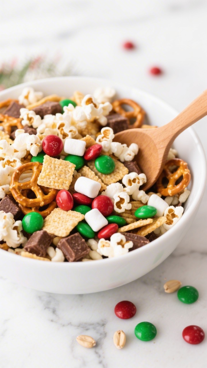 A dynamic ingredients-in-bowl action shot for No-Bake North Pole Snack Mix: a large white mixing bowl filled with air-popped popcorn, mini pretzels, rice/corn cereal squares, holiday-colored red and green chocolate candies, and mini marshmallows, a wooden spoon partially folding the mix to show texture contrast, a few scattered kernels and candies on the marble surface, bright, crisp lighting to keep everything vibrant and crunchy-looking, no people