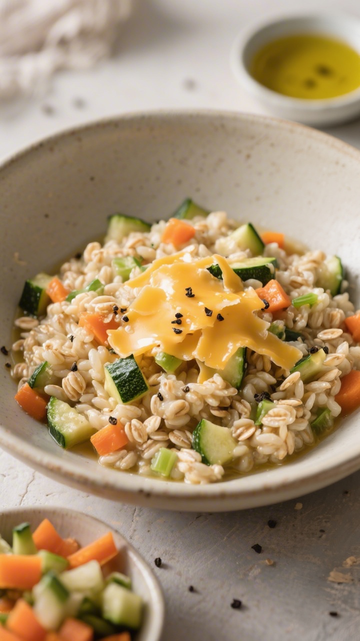 A straight-on bowl of Savory Cheesy Veggie Oats with a risotto-like texture: quick oats simmered in low-sodium vegetable broth, enriched with olive oil, folded with very finely chopped zucchini and carrots, finished with melted cheese for a glossy, stretchy sheen. Serve in a neutral ceramic bowl with a light sprinkle of black pepper and extra cheese shavings; a small dish of chopped veggies and a drizzle of olive oil nearby; cozy, savory, balanced presentation.