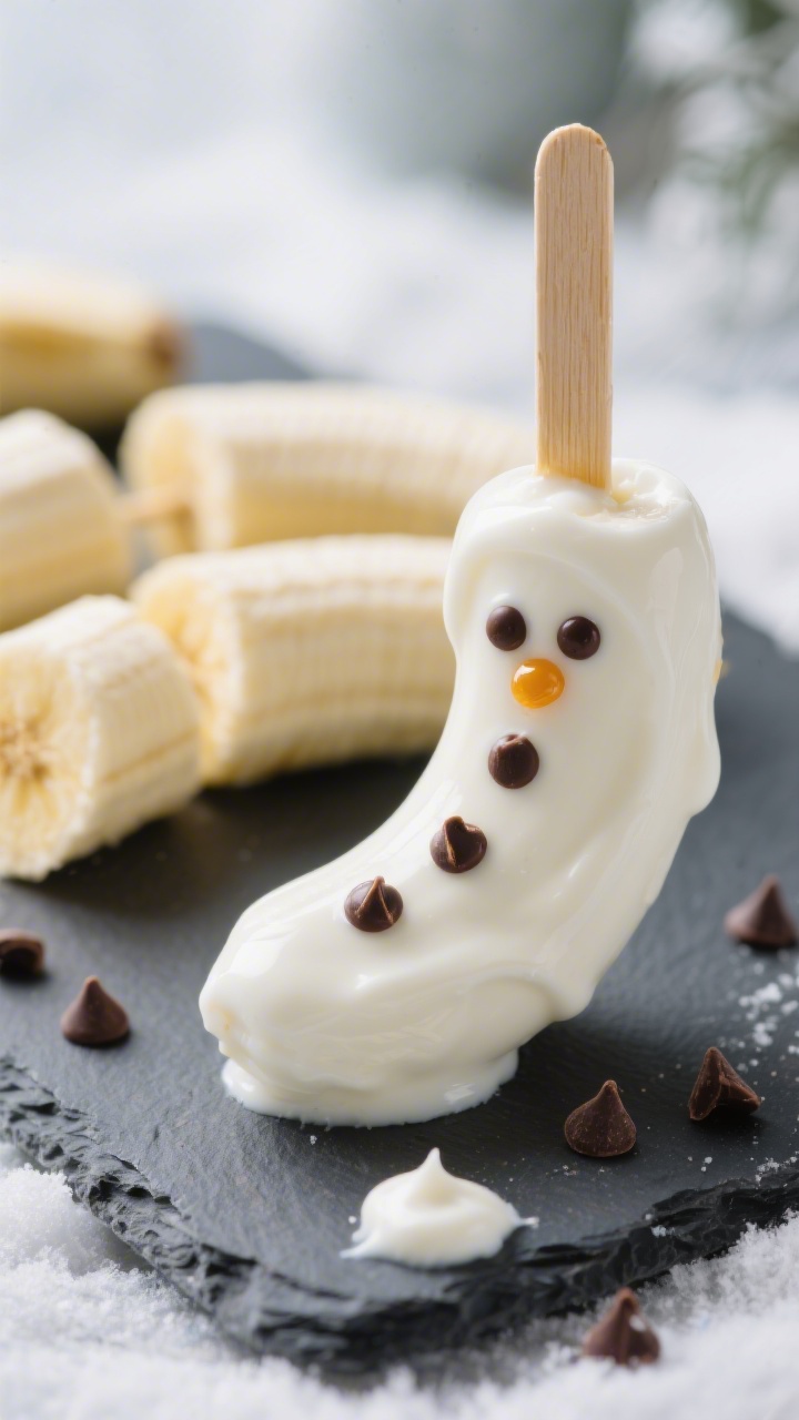 A straight-on close-up of Snowman Banana Pops set on a chilled slate board: ripe but firm banana segments dipped in vanilla Greek yogurt (smooth, white coating), accented with mini chocolate chips as eyes and buttons, optional honey drizzle glistening, wooden pop sticks inserted, a few extra mini chocolate chips and yogurt dollops nearby, cool wintery tones and gentle backlight to highlight the creamy yogurt texture, no people, crisp focus on one pop with bokeh on the rest