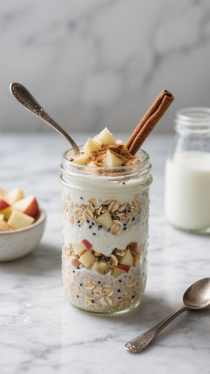 A straight-on mason jar of Apple Pie Overnight Oats layered and ready from the fridge: rolled oats soaked in milk and whole-milk yogurt, speckled with finely chopped sweet apple and chia seeds, topped with a spoonful of grated apple and a dusting of cinnamon. Place on a cool marble surface with a small bowl of chopped apples, a jar of milk, and a spoon; condensation on the jar for that just-chilled look, zero-fuss make-ahead vibe.