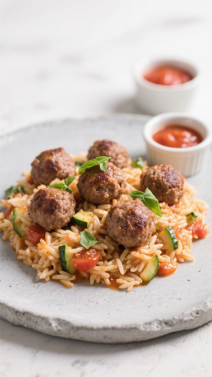 A straight-on plated presentation of mini turkey zucchini meatballs with tomato-basil orzo: browned, juicy mini meatballs (ground turkey, finely grated zucchini) nestled atop glossy orzo tossed in a simple tomato-basil sauce. Visible specks of zucchini in the meatballs, light sprinkle of chopped basil on the orzo. Set on a matte stone plate, with a small ramekin of extra tomato sauce in the background. Clean, bright lighting to emphasize texture and moisture.