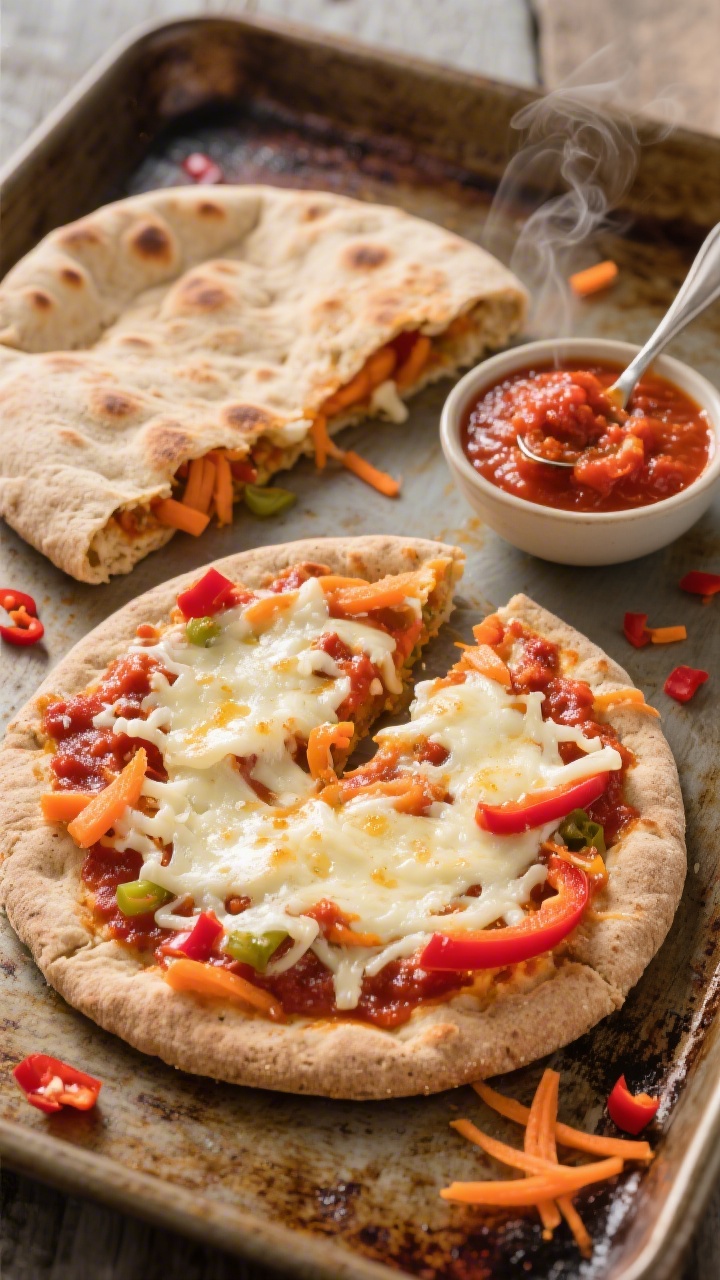 A straight-on shot of Speedy Pita Pizzas fresh from the oven: whole-wheat pitas topped with a “sneaky veggie” marinara (marinara blended with finely minced roasted red peppers and carrot puree), then melted shredded mozzarella to light golden spots. One pita is sliced to show the saucy interior; a small bowl of the carrot-red pepper marinara sits nearby with a spoon. Place on a rustic baking tray with a few scattered red pepper bits and grated carrot. Bright, kid-appealing colors, gentle steam visible.