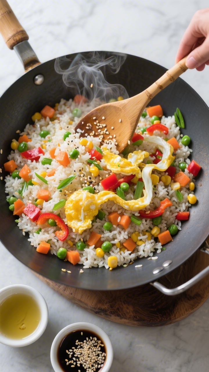 An overhead action shot of rainbow fried rice in a wok: fluffy rice tossed with colorful diced carrots, peas, corn, red bell pepper, and scallions, with sweet scrambled egg ribbons folded through. A glossy, lightly soy-kissed sheen, wisps of steam, sesame seeds sprinkled on top; a bamboo spatula mid-stir, small bowls of soy sauce and sesame oil on the side, vibrant, tidy mise-en-scène.