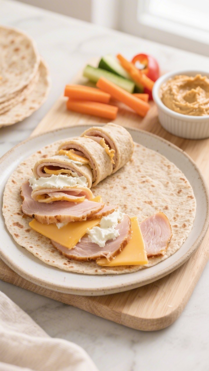 An overhead flat-lay of Cheesy Turkey Roll-Ups being assembled on a light wooden board: whole-wheat tortillas spread with hummus or light cream cheese, layered with low-sodium sliced turkey breast and provolone/mozzarella, then tightly rolled and sliced into pinwheels. Arrange alongside crunchy veggie sticks (carrot, cucumber, bell pepper) with a small ramekin of extra hummus. Neutral ceramic plate, soft natural window light, crisp textures of whole-wheat tortilla and glossy veggie surfaces, no people, clean kid-friendly snack vibe.