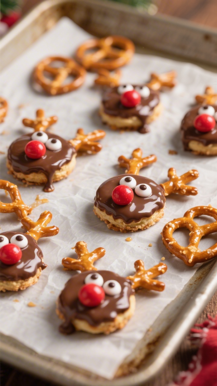An overhead flat-lay of Reindeer Pretzel Bites on a parchment-lined sheet pan: mini pretzel twists topped with glossy chocolate-covered caramel candies slightly melted, each finished with a single red candy-coated chocolate nose and two candy eyes for a winking effect, a few extra pretzels scattered for texture, warm holiday color palette with soft side lighting, shallow depth of field emphasizing the shiny caramel-chocolate and crunchy pretzel texture, no people, professional studio styling