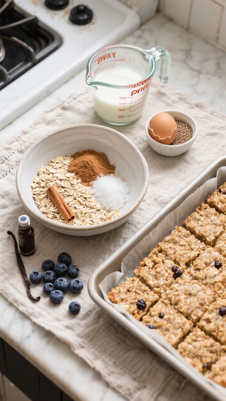 An overhead ingredient-to-oven scene for Blueberry Vanilla Baked Oatmeal Squares: a mixing bowl with rolled oats, baking powder, cinnamon, and a pinch of salt, alongside a measuring cup of milk, a cracked egg in a ramekin (with an alternative flax egg—ground flax plus water—nearby), fresh blueberries, vanilla extract, and a parchment-lined square baking pan. Neat mise en place on a light linen, rustic yet clean, capturing the meal-prep finger-food vibe.