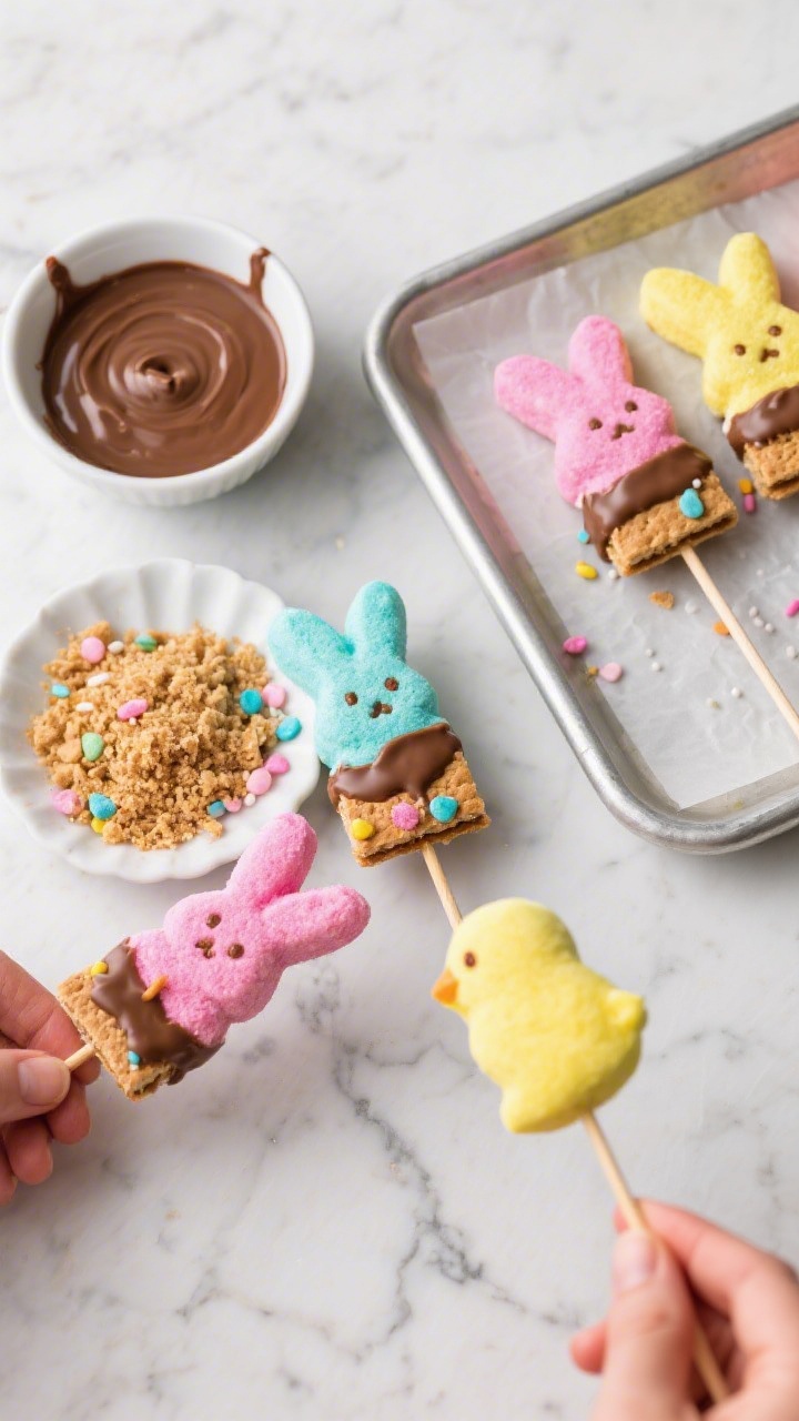 An overhead process shot of Marshmallow Peep S’mores Pops: colorful bunny and chick Peeps skewered on lollipop sticks, half-dipped in smooth melted milk chocolate, then finished with graham cracker crumbs and assorted pastel sprinkles; a small bowl of warm chocolate, a dish of crumbs, and a tray lined with parchment holding finished pops; vibrant candy colors contrasted against a neutral marble surface, clean modern styling, no hands visible.
