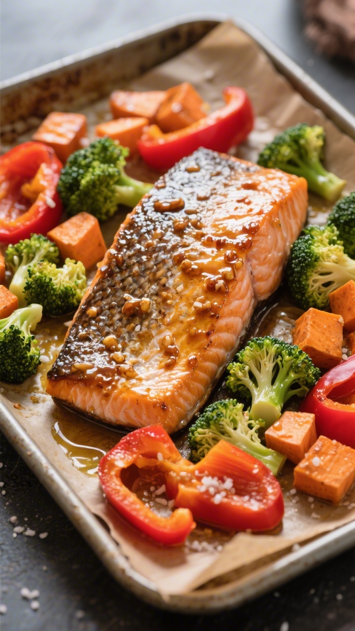 An overhead sheet pan scene of maple-Dijon salmon with rainbow veggies: a single salmon fillet, skin on, glazed with a lacquered maple-Dijon mixture, surrounded by small broccoli florets, 1/2-inch diced sweet potato, and red bell pepper slices. Veggies glistening with olive oil, lightly caramelized edges, sprinkled with kosher salt. Shot on the hot pan out of the oven, parchment slightly browned, emphasizing color contrast and roasted textures.