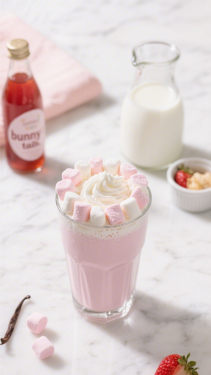 An overhead shot of Bunny Burrow Strawberry Milk in a clear glass, pale pink from strawberry syrup, with a fluffy swirl of whipped cream topped by a ring of 12 mini marshmallows like “bunny tails.” A tiny splash of vanilla in a ramekin, a bottle of strawberry syrup, and a small carafe of cold milk sit nearby on a white marble surface with soft pastel props. Bright, clean lighting, crisp condensation on the glass, no people.