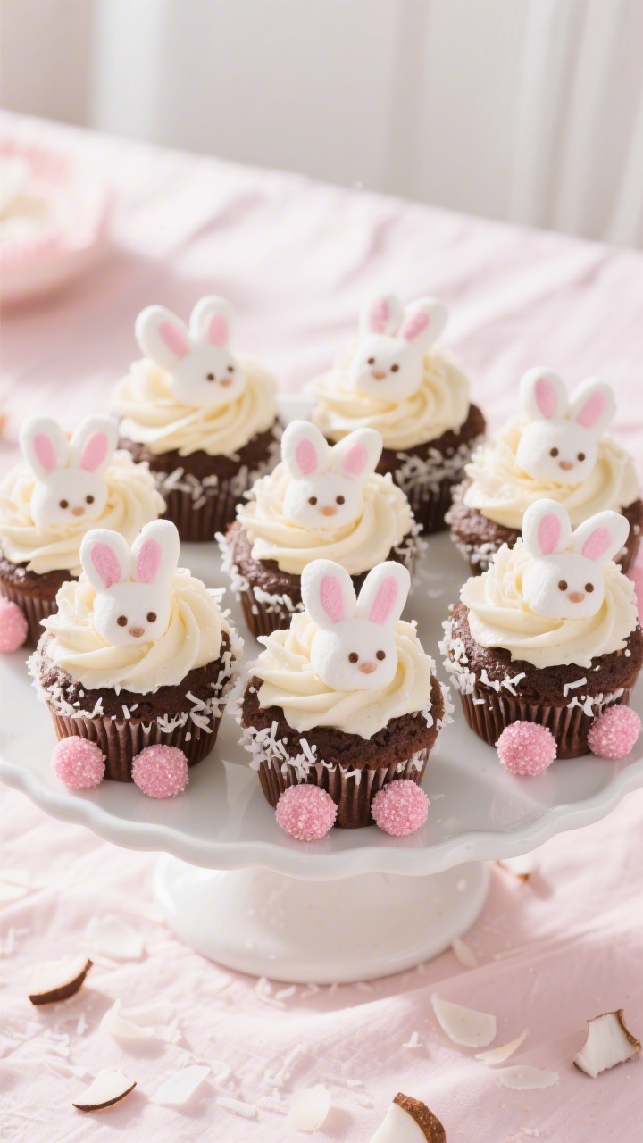 An overhead shot of Bunny Butt Cupcakes on a white cake stand: 12 rich chocolate cupcakes topped with fluffy swirls of vanilla frosting coated in shredded sweetened coconut “fur,” each cupcake decorated with a halved large marshmallow for bunny feet and a mini marshmallow tail, pink sanding sugar dusted on the foot pads for sparkle; styled on a pastel linen with scattered coconut flakes, bright natural light, shallow depth of field highlighting the texture of coconut and glossy chocolate crumb.