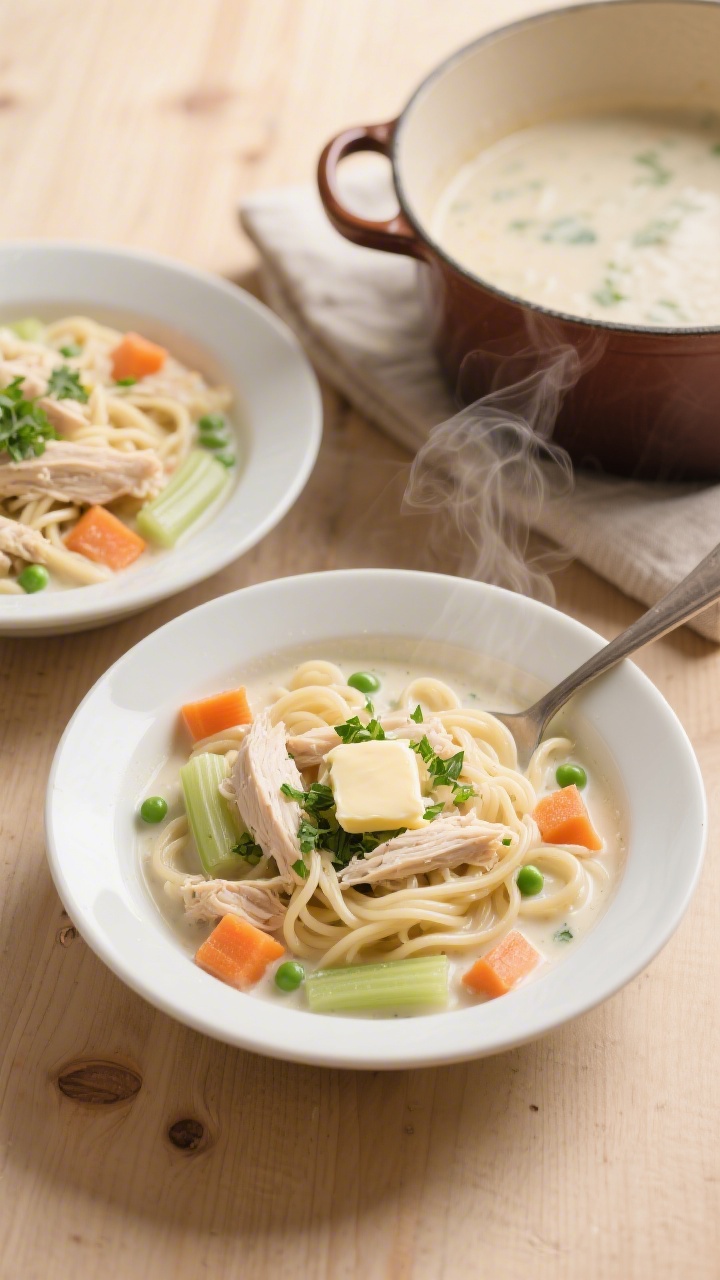 An overhead shot of creamy chicken noodle bowls: tender shredded chicken, wide egg noodles, diced carrots, celery, and peas in a velvety, kid-friendly cream broth, garnished with chopped parsley and a pat of melting butter. Serve in shallow white bowls on a light wood table, steam gently rising, a ladle resting in a Dutch oven nearby, soft neutral linens for a cozy, takeout-beating comfort-food vibe.