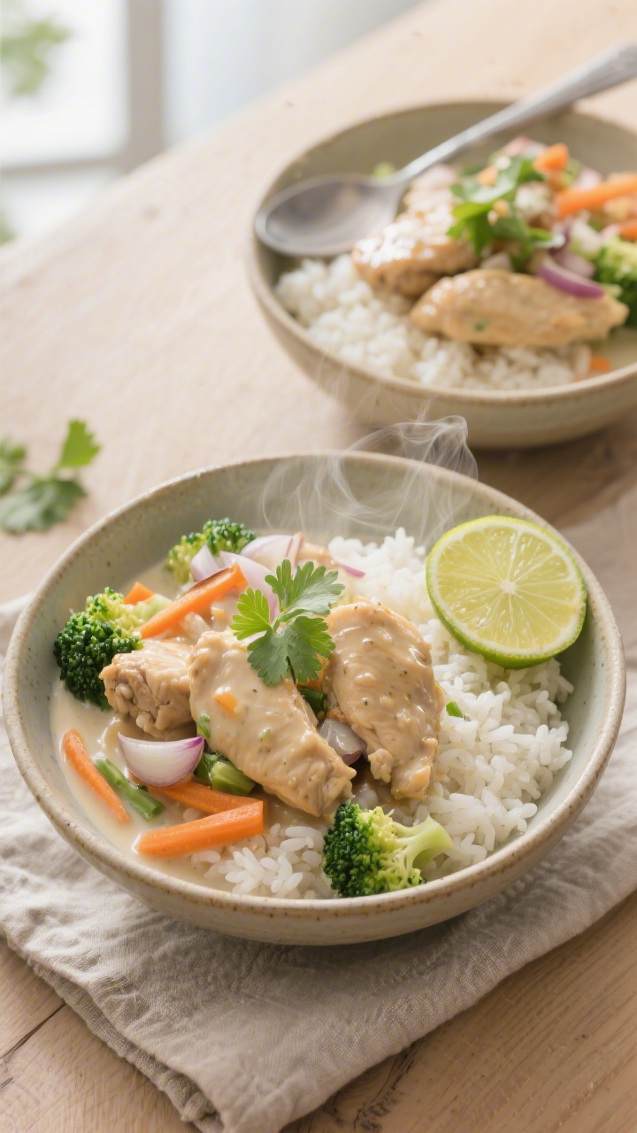 An overhead shot of creamy coconut chicken and veggie bowls: bite-size chicken thigh pieces simmered in a glossy coconut milk sauce with finely chopped onion, minced garlic, thinly sliced carrots, and small broccoli florets, spooned over fluffy rice in shallow ceramic bowls. Garnish with a squeeze of lime and fresh cilantro, steam gently rising. Neutral linen, light wood surface, soft window light, no dairy props visible, emphasis on the velvety coconut sheen and tender veggies.