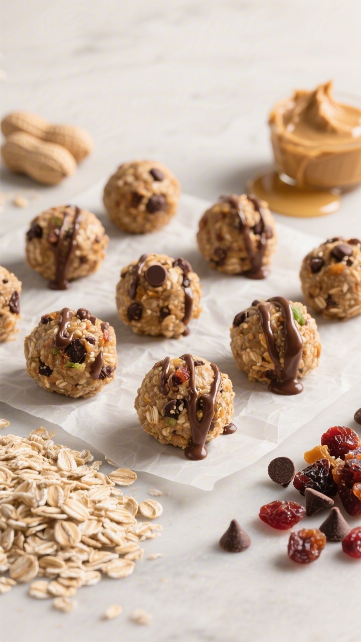 An overhead shot of No-Bake Fruit ‘N’ Oat Energy Bites arranged on parchment: round oat-peanut butter bites studded with mini chocolate chips and finely chopped dried fruit, finished with a delicate chocolate drizzle. Surround with tidy ingredient piles—old-fashioned oats, creamy peanut butter (or sunflower butter), a small pool of honey or maple syrup, extra mini chips, and diced dried fruit. Soft diffused light, matte backdrop to emphasize glossy drizzle and hearty oat texture, inviting grab-and-go feel.