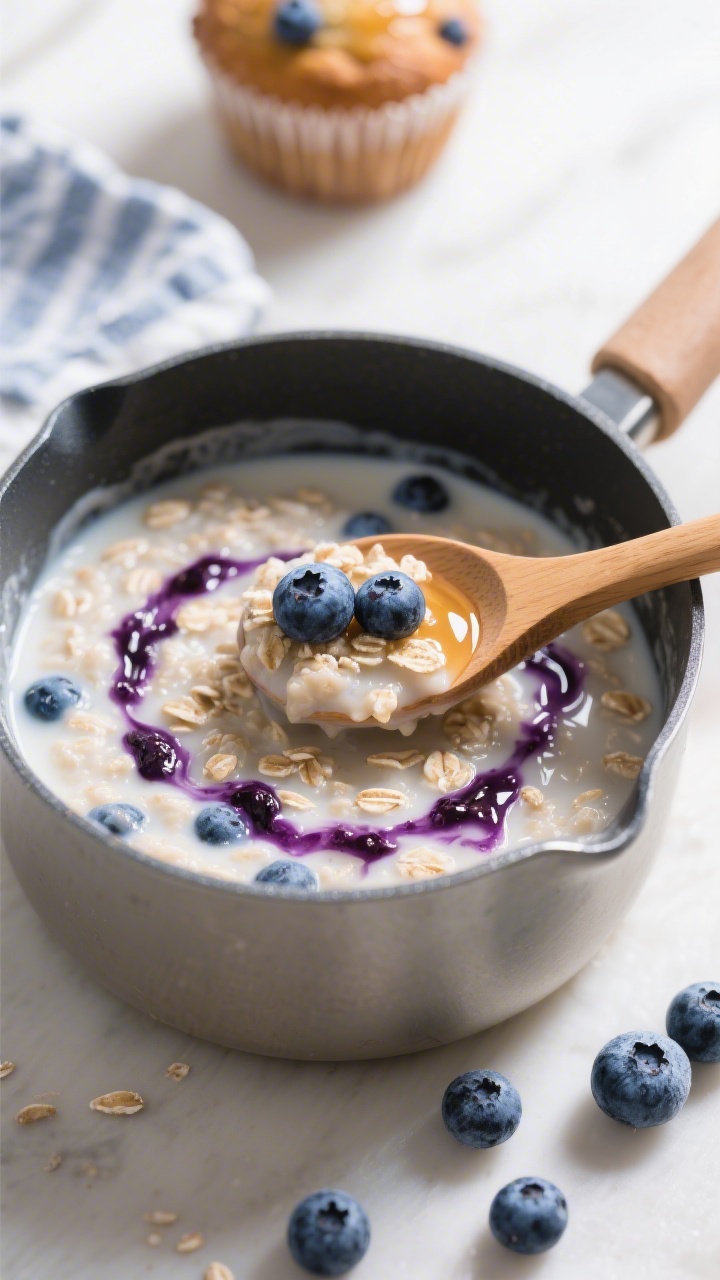 Blueberry muffin stovetop oatmeal, 45-degree angle close-up in a small saucepan: quick oats simmered in milk until creamy, bursting blueberries creating jammy purple swirls; a light drizzle of maple syrup glistening on top (note: honey omitted for toddler safety); a wooden spoon lifting a scoop to show plump berries and soft oat texture; a few fresh and frozen blueberries scattered nearby; bright morning light, 5-minute simplicity, vibrant blue and cream color contrast.