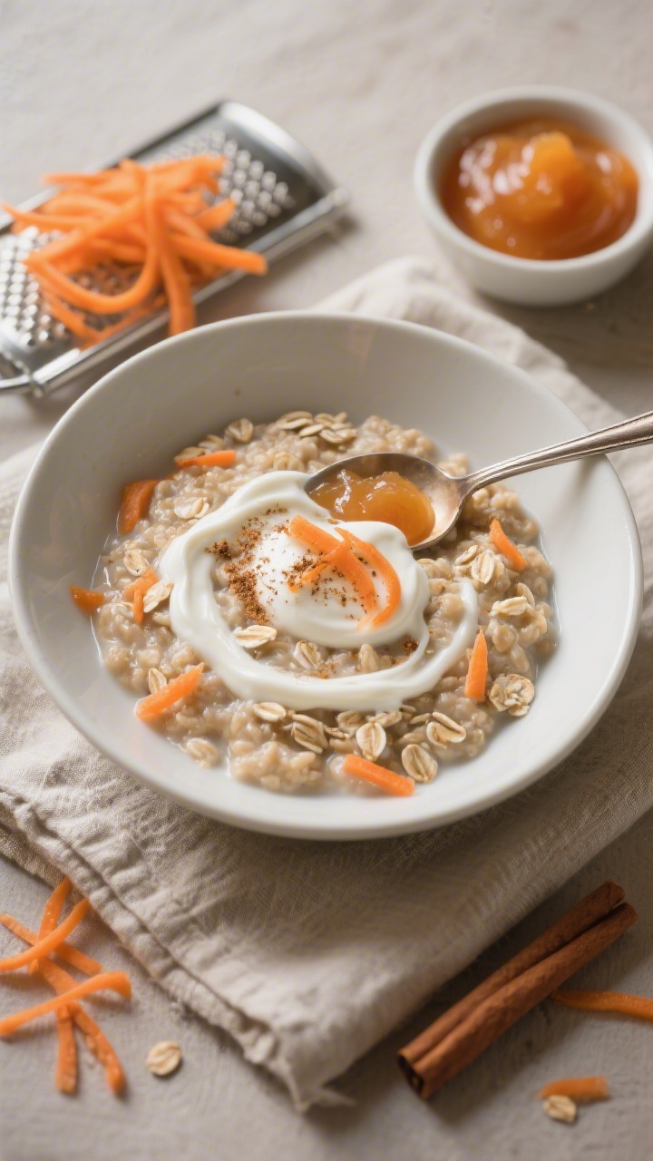 Carrot cake oatmeal with creamy yogurt swirl, overhead plated presentation: rolled oats cooked in milk with very finely grated carrot and a spoon of unsweetened applesauce, tinted soft orange; thick, cozy porridge topped with an artful swirl of plain yogurt, a sprinkle of warm spice (cinnamon), and delicate carrot wisps; served in a matte white bowl on a linen napkin; nearby props include a fine grater with carrot shavings and a small bowl of applesauce; warm, comforting tones with gentle side light.