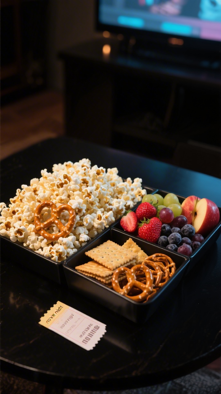 Cinematic, straight-on “movie night” snackle box: heaping section of air-popped or lightly salted popcorn, compartments of whole-grain cheese crackers, pretzel twists, freeze-dried strawberries or apples, and a section of fresh fruit (grapes or berry mix). Place a small paper cinema ticket stub and a dimmed TV-glow effect in the background, glossy highlights on pretzels, airy popcorn texture, vibrant fruit color contrast, black tabletop for drama, high-resolution, no hands.