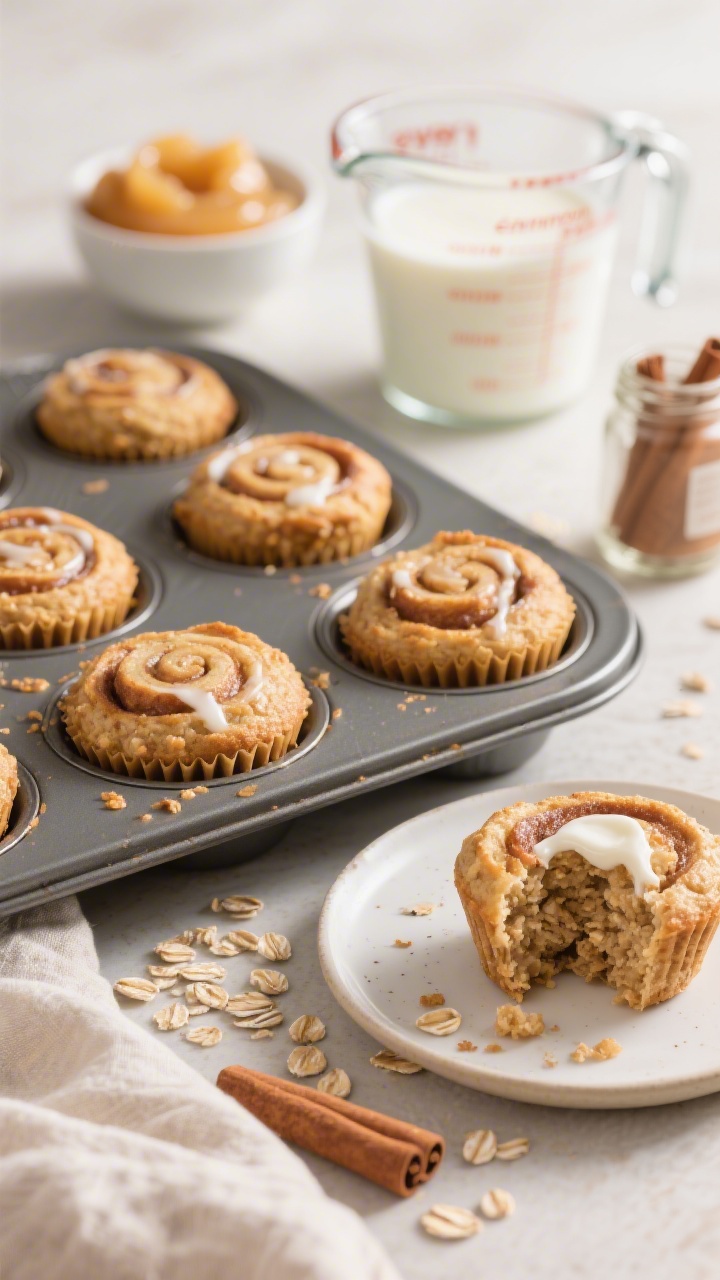 Cinnamon roll baked oatmeal cups, straight-on baking scene: a muffin tin filled with golden-brown baked oatmeal cups made from rolled oats, milk, eggs, unsweetened applesauce, and a touch of maple syrup; cinnamon visibly flecked throughout, a light glaze-style drizzle of yogurt on a few for a “cinnamon roll” effect; one cup broken open on a plate to reveal moist, chewy texture; background includes a small bowl of applesauce, a measuring jug of milk, and a jar of cinnamon; soft morning light, freezer-friendly grab-and-nibble mood.