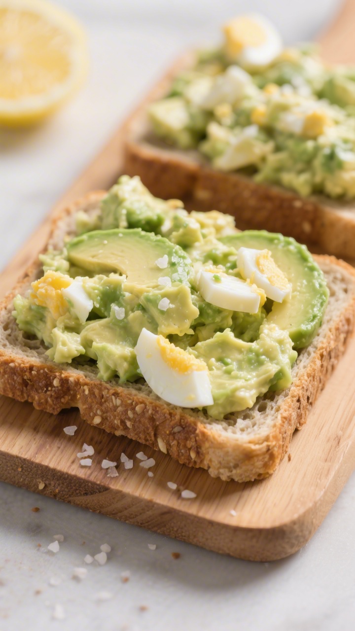 Close-up, 45-degree angle of creamy avocado egg salad spread thickly on crustless soft whole-grain bread squares: finely chopped hard-boiled eggs folded with mashed ripe avocado, a touch of plain Greek yogurt or mayo, and a hint of lemon; smooth, pale green and yellow marbling with soft, tender crumb; a tiny sprinkle of flaky salt optional; arranged on a small wooden board, bright and fresh.