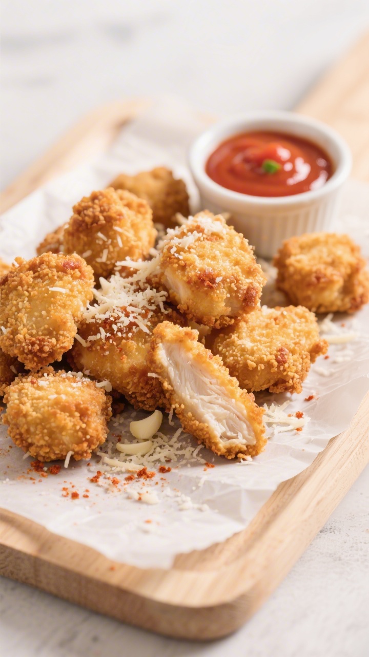 Close-up, 45-degree angle of crispy chicken parm bites piled on a parchment-lined sheet, ultra-crunchy panko-Parmesan crust glistening, specks of paprika and garlic powder visible, with a ramekin of smooth “sneaky veggie” tomato sauce for dipping; golden-brown chicken tender pieces (2-inch), light Parmesan dusting, warm, kid-friendly vibes on a light wood surface, shallow depth of field highlighting texture.