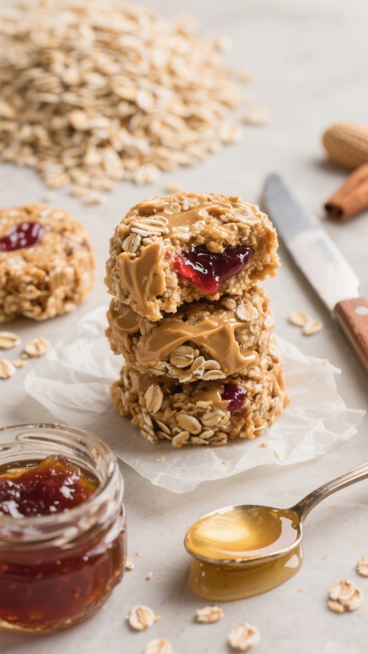 Close-up, 45-degree angle of No-Bake PB&J Oat Bites stacked on parchment, showing glossy texture: rolled oats bound with creamy peanut butter, honey (or maple), vanilla, and a hint of cinnamon, with a visible swirl of grape or strawberry jam inside a few bites. Include a drip of honey on a spoon, a small jar of jam with a butter knife, and a mound of dry oats in the background. Soft, appetizing highlights, shallow depth of field, warm tones.