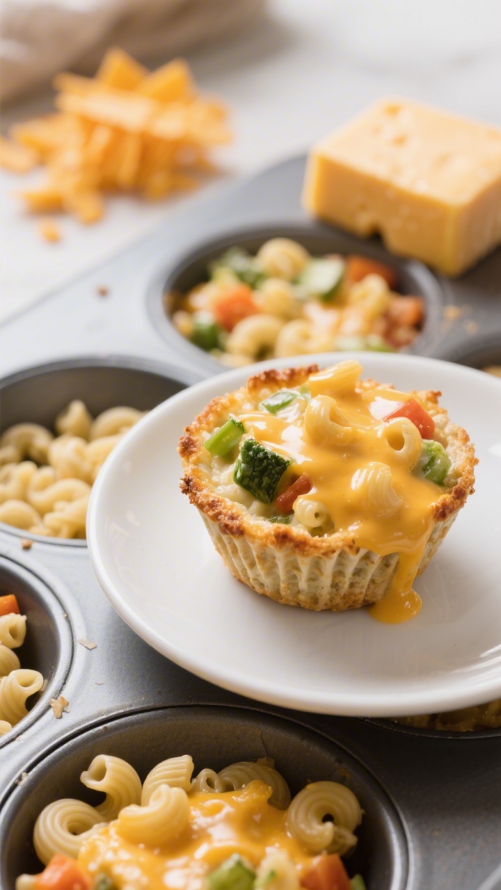 Close-up, 45-degree angle of veggie-packed gluten-free mac ’n’ cheese cups in a nonstick muffin tin: elbows bound in a glossy sharp cheddar cheese sauce made from butter, gluten-free flour roux, and milk (visible creamy sheen), edges lightly browned and crisp; one cup lifted onto a white plate showing its structure and gooey interior; scattered uncooked GF elbow macaroni and a small block of cheddar with shavings in the background; warm, kid-friendly vibe, shallow depth of field.