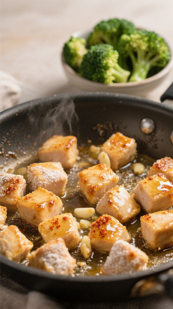Close-up action shot of honey-butter chicken bites in a skillet: 1-inch chicken cubes lightly coated with cornstarch, sizzling in neutral oil with a glossy honey-butter glaze, subtle garlic powder and a whisper of paprika visible on caramelized edges; a small bowl of steamed broccoli “trees” with vibrant green florets in the background blur, warm highlights, sticky, juicy, irresistible.