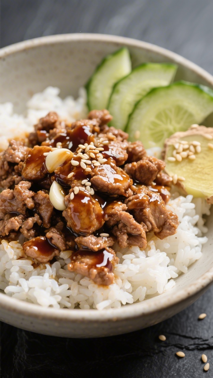 Close-up bowl shot of DIY teriyaki turkey rice bowls: fluffy white rice base topped with glossy ground turkey cooked with garlic and fresh ginger, glazed in a low-sodium soy sauce and honey mixture; thinly sliced crunchy cucumber fan on the side, a sprinkle of sesame seeds, and a light sheen on the sauce; neutral ceramic bowl on a dark slate surface for contrast, tight framing to highlight saucy, savory textures.