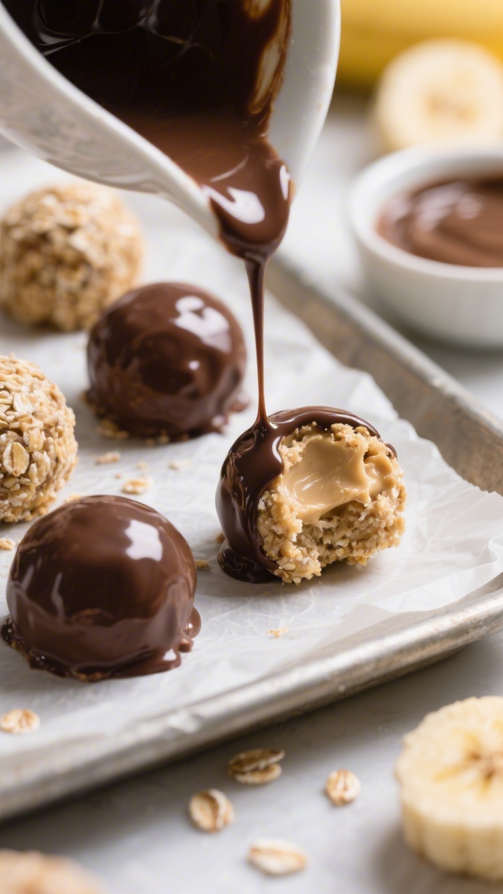 Close-up hero shot of No-Bake Banana Oat Bites being dipped into a glossy chocolate shell: round bites made from quick oats, very smooth mashed banana, peanut or sunflower seed butter, ground flaxseed, and vanilla; half the bites fully enrobed with set chocolate, others mid-dip with a drip caught in motion; subtle oat texture visible, creamy interior hinted by a single bite split open; arranged on a parchment-lined tray with a small bowl of melted chocolate nearby; bright, appetizing lighting and tight focus on the shiny shell and nubby oat surface.