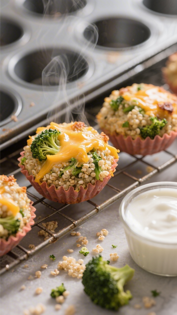Close-up macro of Cheesy Broccoli Quinoa Bites (no-fry) just out of the oven: round, mini muffin–style bites with visible quinoa pearls, finely chopped broccoli florets, and melty shredded mild cheddar forming crisped edges and gooey pockets. Steam gently rising, set on a wire rack over a baking sheet, a silicone mini-muffin pan partially in frame. A small dipping cup of yogurt-based sauce off to the side, crumbs and broccoli flecks scattered, shallow depth of field, warm directional light to emphasize texture and cheese pull, professional, no hands.