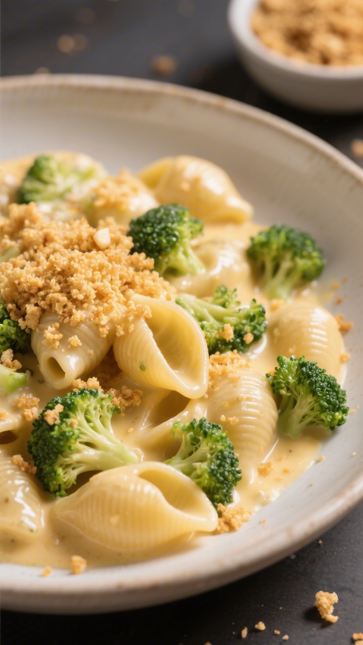 Close-up macro of creamy broccoli mac in a wide, shallow bowl: small pasta shells enveloped in glossy cheese sauce with tiny broccoli florets throughout, topped with a golden garlic breadcrumb crunch (butter, flour roux base implied, milk-silky texture visible), a few crumbs scattered on the rim, soft side light to show velvety sauce and crisp topping contrast, warm color temperature, background blur with a small bowl of extra toasted crumbs, no people.