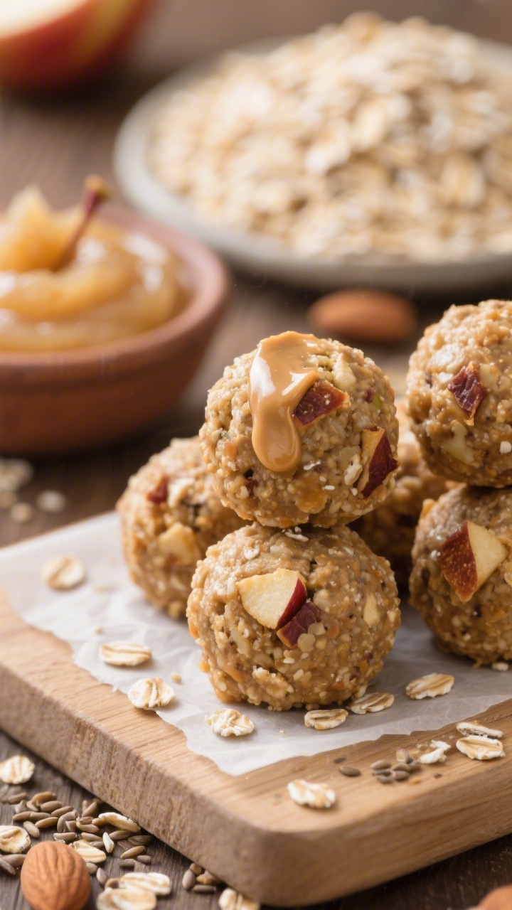 Close-up macro of No-Bake Apple Pie Energy Bites stacked on a parchment-lined board: oats studding the surface, tiny bits of finely chopped dried apple visible, glossy almond butter (or sunflower seed butter) sheen binding the mixture, specks of ground flaxseed throughout. A small bowl with unsweetened applesauce and a mound of rolled oats in the background softly blurred. Warm, cozy tones suggesting apple-pie comfort, shallow depth of field highlighting chewy texture and rustic round shapes.