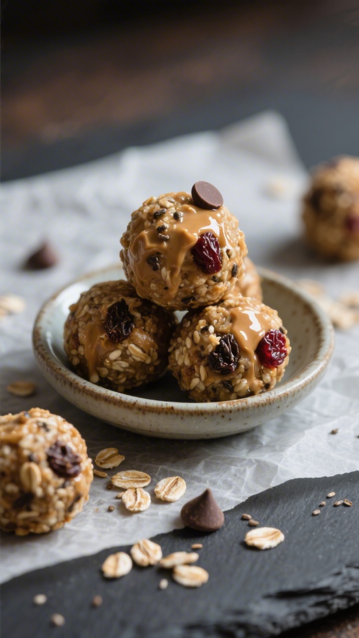 Close-up macro of No-Bake Monster Munch Energy Bites: round, hand-rolled bites stacked in a small ceramic dish, clearly showing rolled oats, glossy peanut butter binding, flecks of ground flaxseed or chia seeds, mini chocolate chips, and raisins/dried cranberries embedded; a few loose oats and chips scattered artfully on a parchment-lined slate; moody side light to bring out texture and sheen, shallow depth of field for a luscious, snackable look.