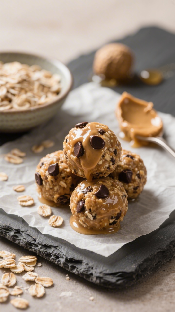 Close-up macro of no-bake oat energy bites: round, glossy bites stacked on a parchment-lined slate board, showing distinct flecks of old-fashioned rolled oats, mini dark chocolate chips, and a sheen from peanut butter and honey/maple syrup; a small bowl of oats, a spoon swiped with natural peanut butter (or sunflower seed butter option), and a drizzle trail of honey in the background; shallow depth of field, warm side light, ultra appetizing.