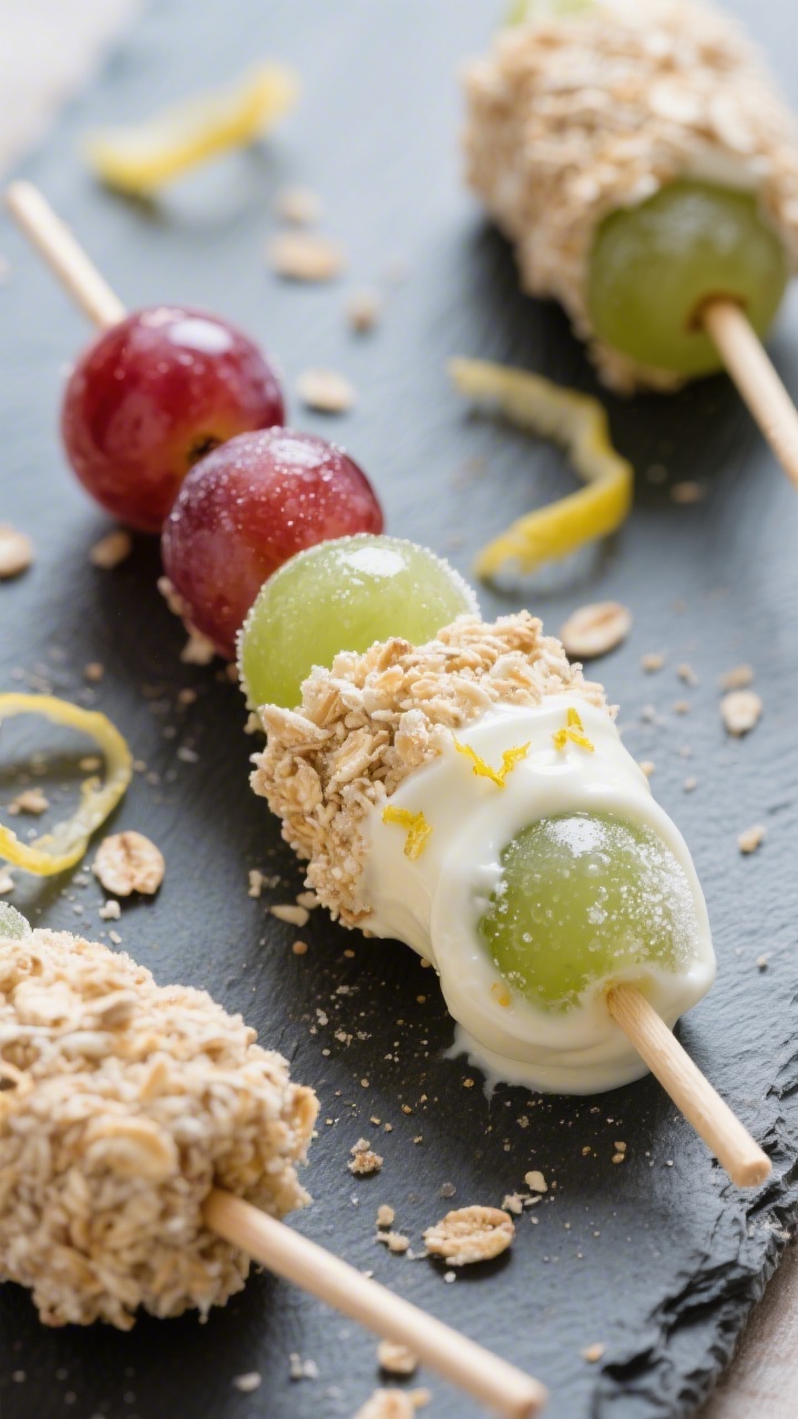 Close-up macro of No-Melt Frozen Yogurt Grape Pops: seedless red and green grapes skewered on small sticks, dipped in vanilla Greek yogurt sweetened with honey and perfumed with lemon zest, then rolled in finely crushed whole-grain cereal for a crisp coating; frosty beads visible, yogurt set and matte, cereal texture crunchy; shot on a chilled slate with a few loose zest curls and cereal crumbs, cool-toned lighting to evoke refreshing, heat-proof beach snacking.