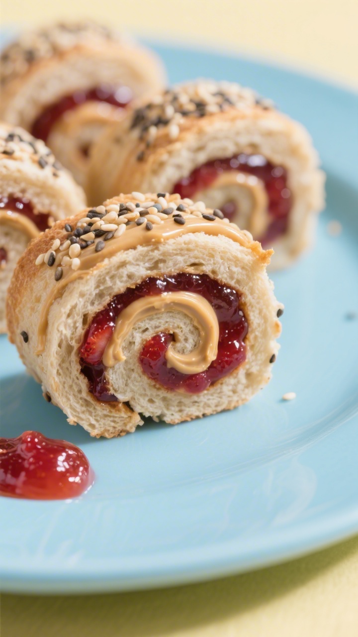 Close-up macro of PB&J sushi rolls on a pale blue kid plate: soft whole wheat sandwich bread (crusts removed) rolled tight with a stripe of creamy peanut butter (or sunflower seed butter) and glossy strawberry/raspberry jam spiraling inside; outer surface sprinkled with crunchy chia seeds; a tiny smear of jam on the plate for color; bright, playful mood, shallow depth of field to emphasize swirl and chia texture.