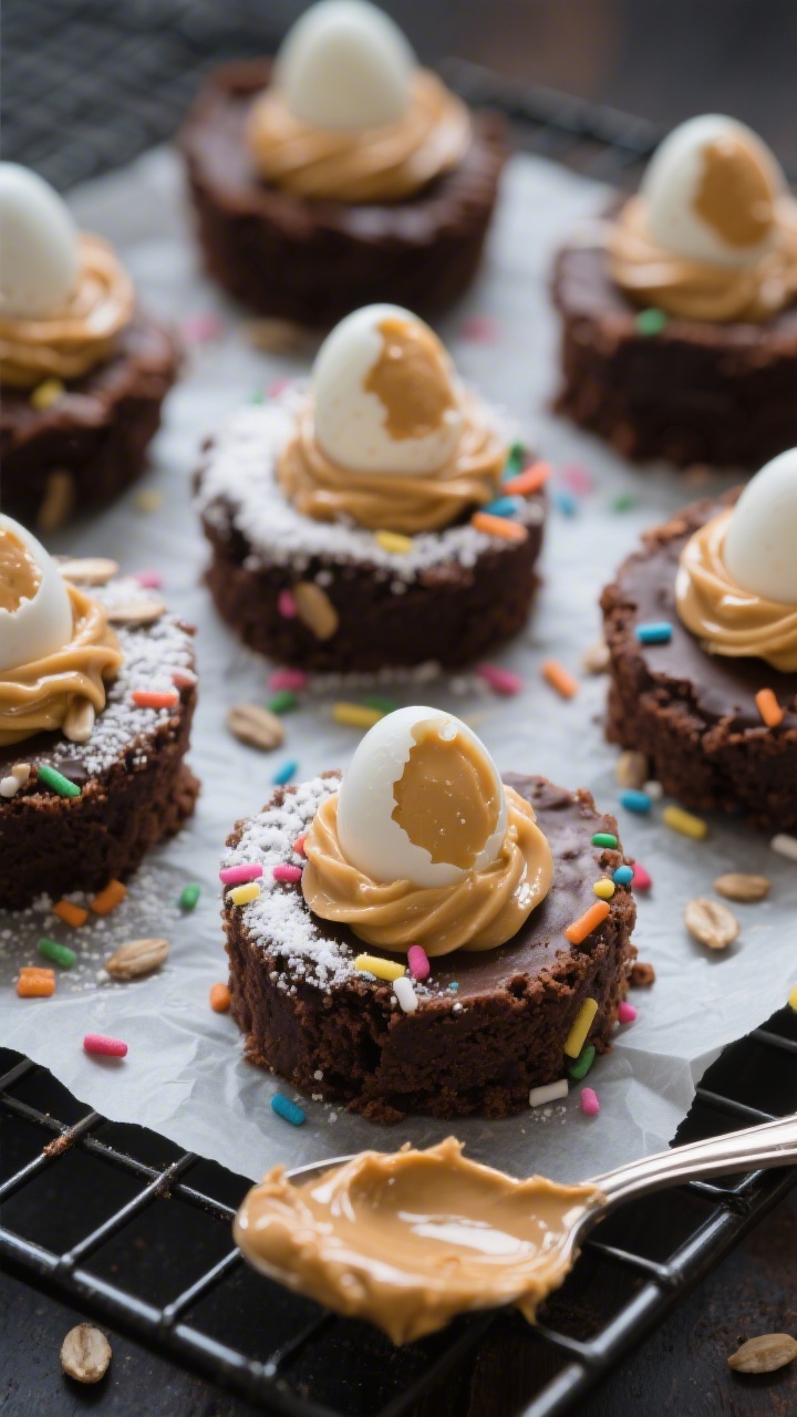 Close-up macro of Sunflower Seed Butter “Egg” Brownie Bites: glossy, fudgy nut-free brownie base cut into bite-size rounds, each topped with a swirl of sunflower seed butter sweetened with powdered sugar, shaped like small “eggs,” finished with rainbow confetti sprinkles for crunch; arranged on parchment over a cooling rack with a spoon showing the sunflower seed butter; moody side light to highlight fudgy crumb and sheen.