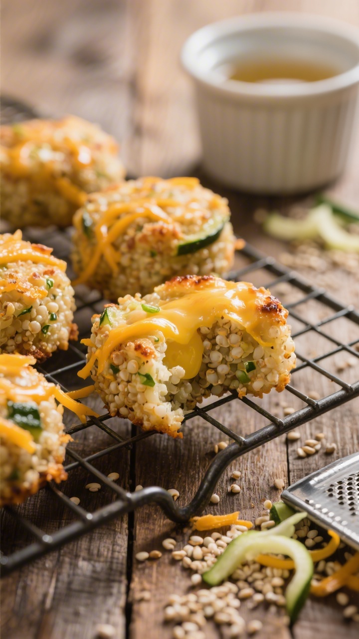 Close-up of cheesy quinoa bites fresh from the oven on a wire rack: bite-sized, golden edges with melty shredded cheddar threads and flecks of finely grated zucchini throughout; one bite torn open to reveal tender quinoa pearls bound with egg; a small ramekin of low-sodium broth in the background hinting at the cook method; scattered uncooked quinoa grains and a microplane with zucchini shreds on a rustic wood surface; warm directional light highlighting the cheese gloss and toasty bits.