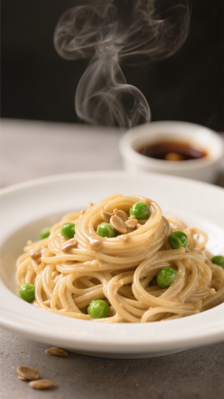 Close-up of creamy sun butter noodles twirled into small toddler-friendly nests in a shallow white bowl; glossy spaghetti coated in a pale, silky sunflower seed butter sauce with a gentle sheen; bright green peas nestled throughout; a tiny drizzle-ready dish of low-sodium soy sauce/coconut aminos and a dab of maple syrup off to the side; steam subtly rising; warm, inviting tones and soft focus falloff to highlight sauce texture