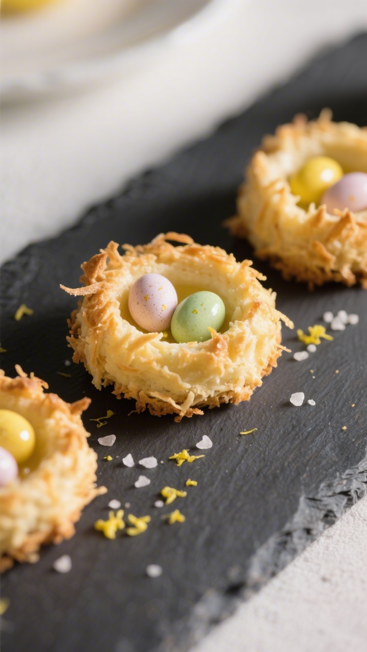Close-up of lemon coconut macaroon nests on a slate board: golden-toasted coconut nests with crisp edges and chewy centers, subtle sheen from sweetened condensed milk, flecks of lemon zest visible, tiny wells filled with glossy jelly bean “eggs” in spring hues, a pinch of sea salt crystals catching light, airy background blur, side-lit to emphasize texture and coconut strands, appetizing and tidy composition.